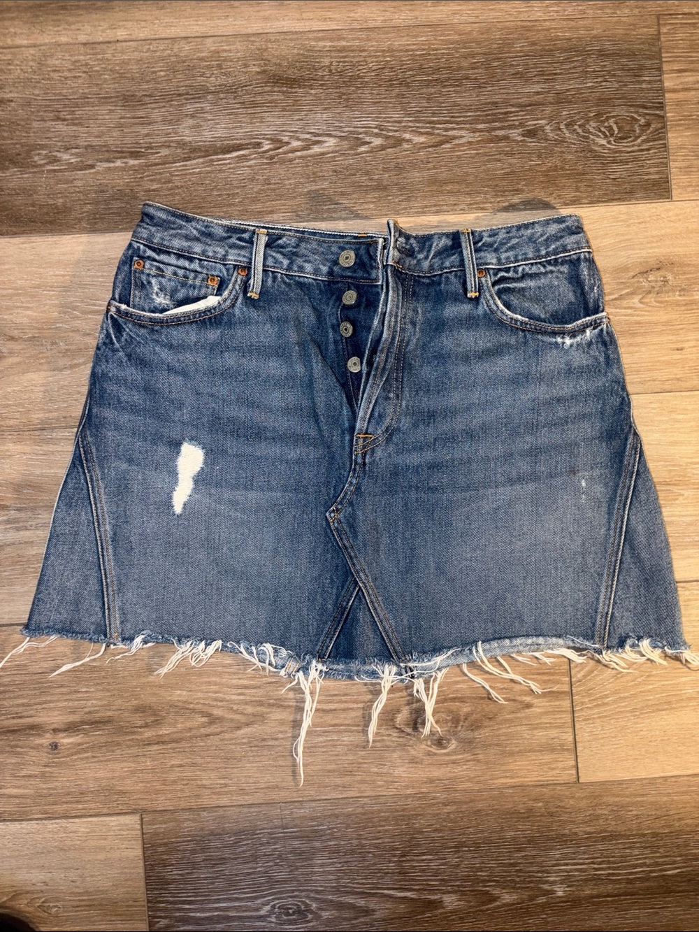 GRLFRND Blue Distressed Button-Front Denim Mini Skirt